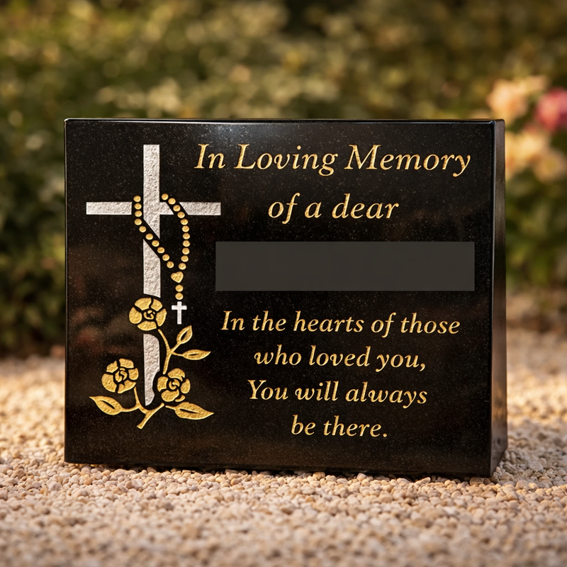 Personalised Sand Blasted Granite Grave Plaque - In The Hearts Cross With Beads