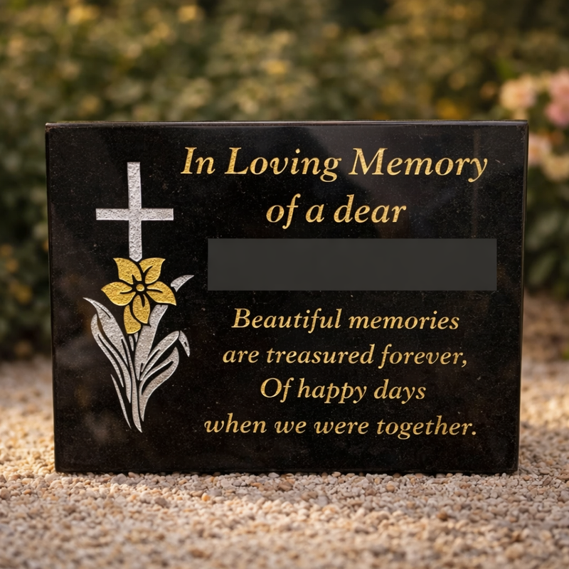 Personalised Sand Blasted Granite Grave Plaque - Cross With Flower