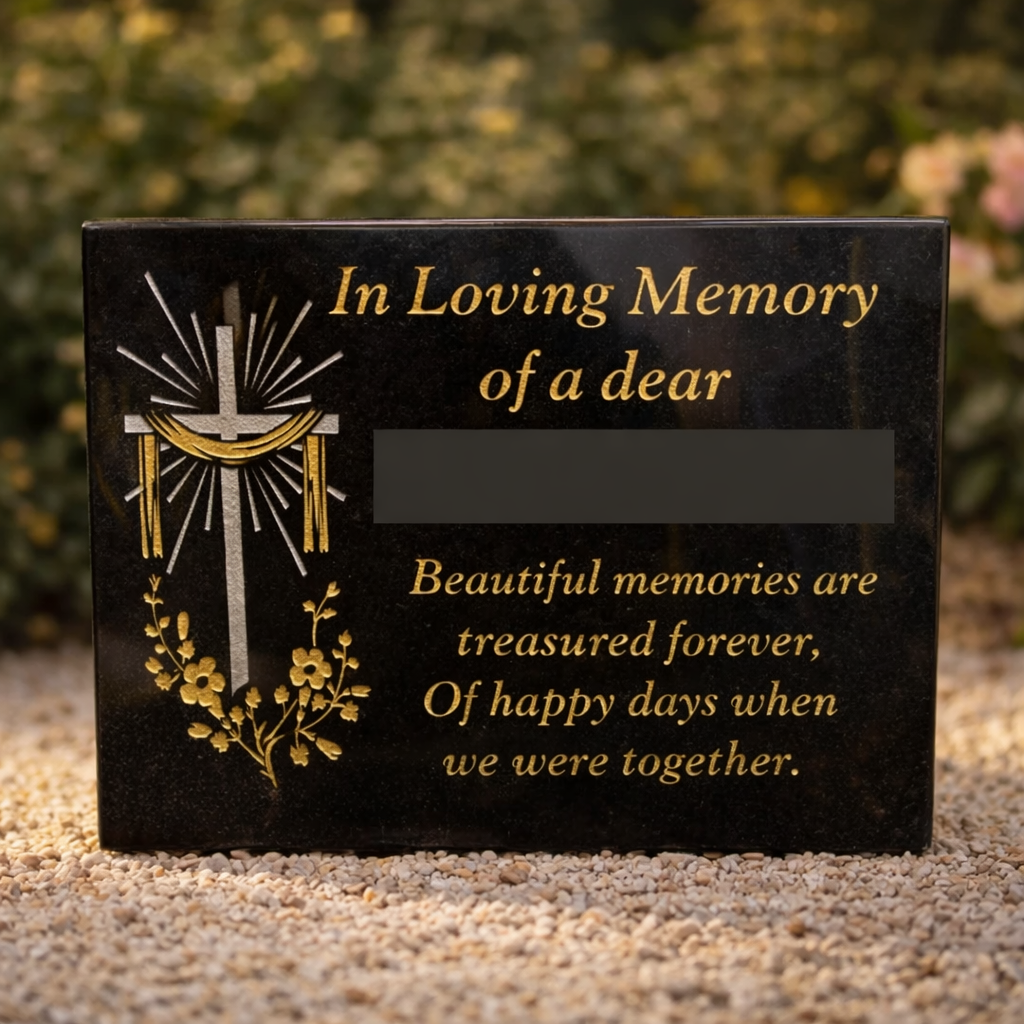 Personalised Sand Blasted Granite Grave Plaque - Cross With Cloth