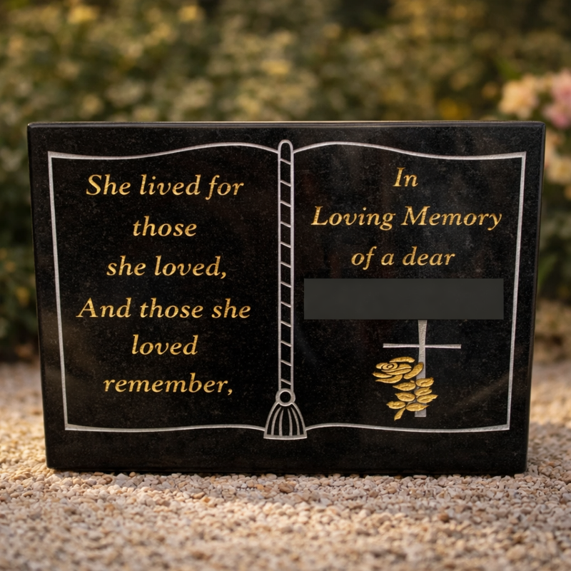 Personalised Sand Blasted Granite Grave Plaque  - Book With Cross & Rose