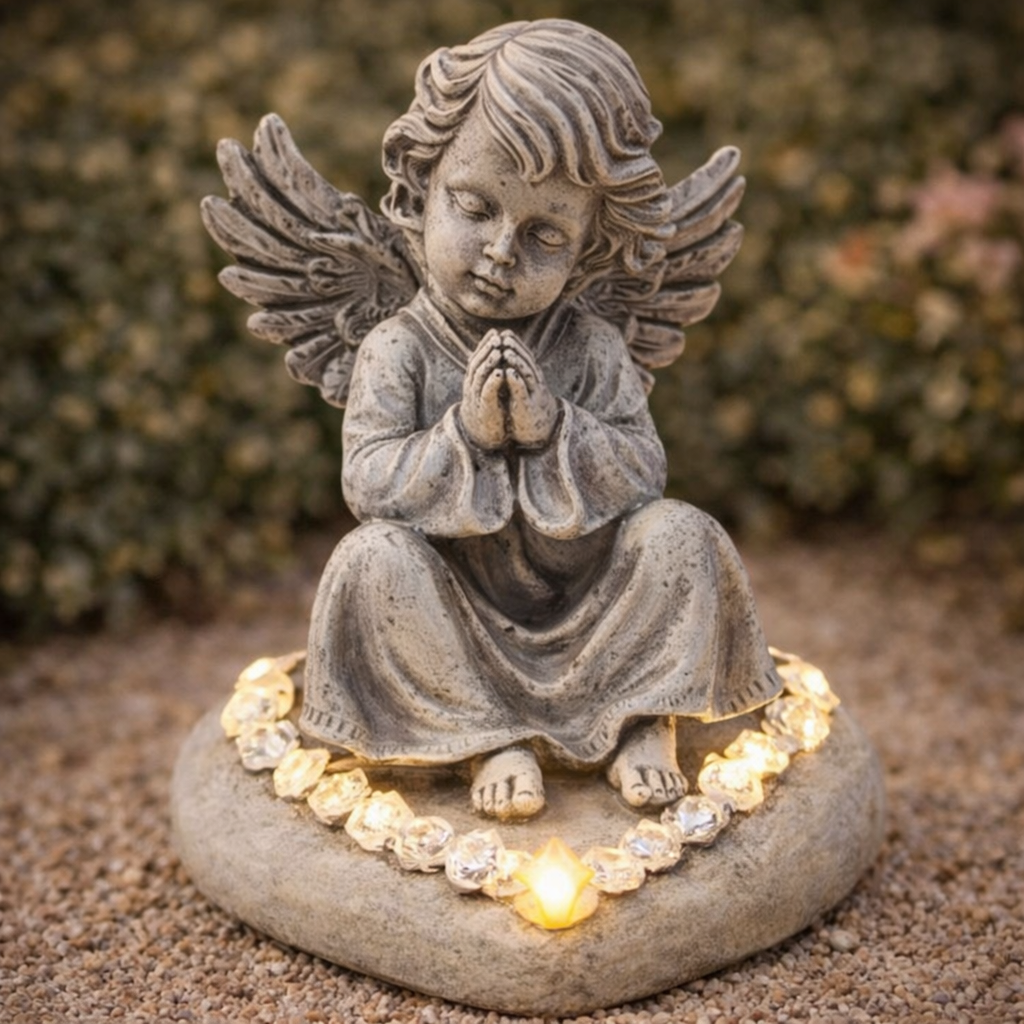 Angel Sitting On Heart with Solar Flowers - Memorial Ornament