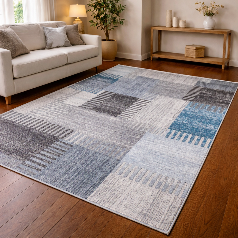 Ardenne Deco Blue & Grey Contemporary Patchwork Rug
