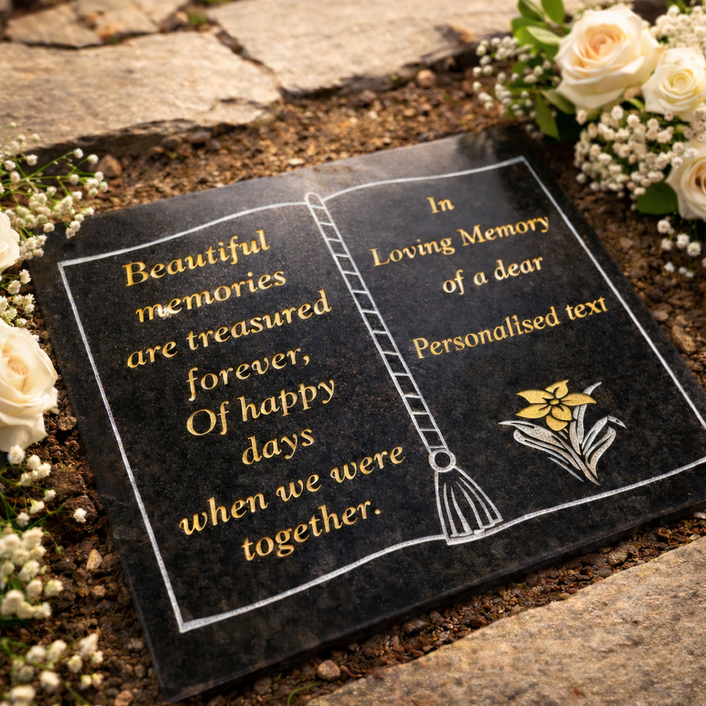 Personalised Sand Blasted Granite Grave Plaque - Book With Flower
