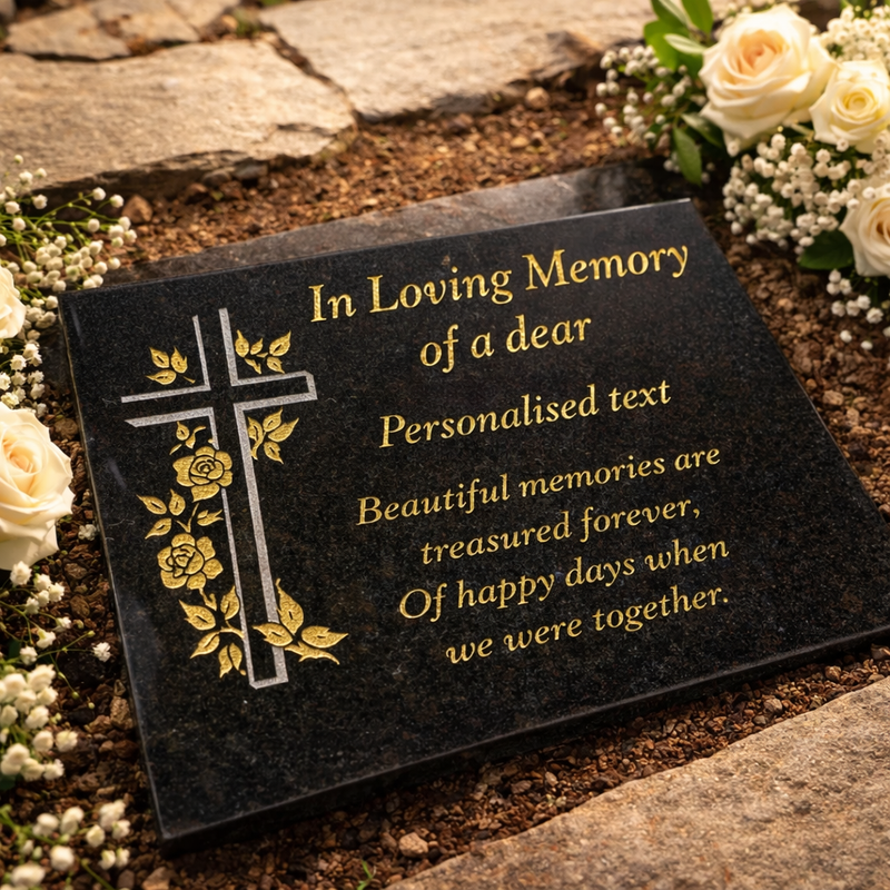 Personalised Sand Blasted Granite Plaque - Large Cross With Roses