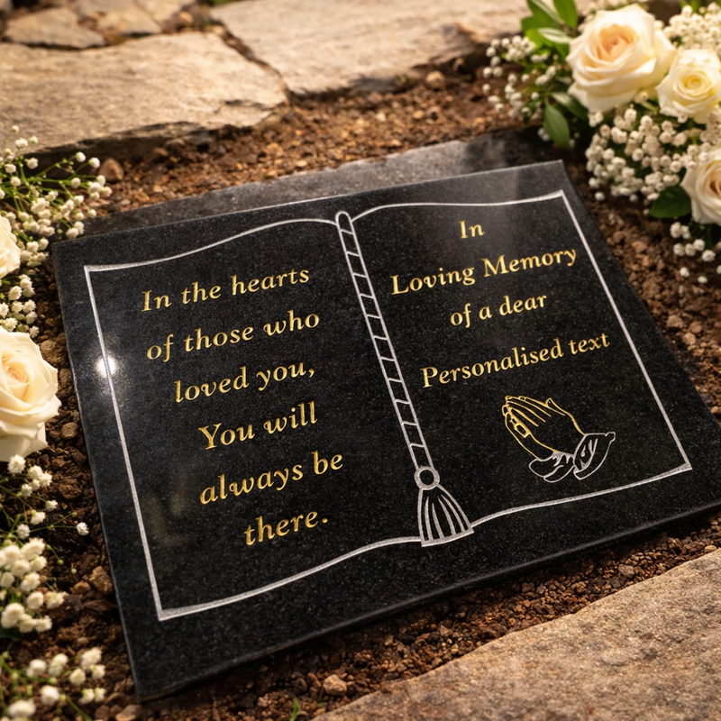 Personalised Sand Blasted Granite Plaque - Book With Praying Hands