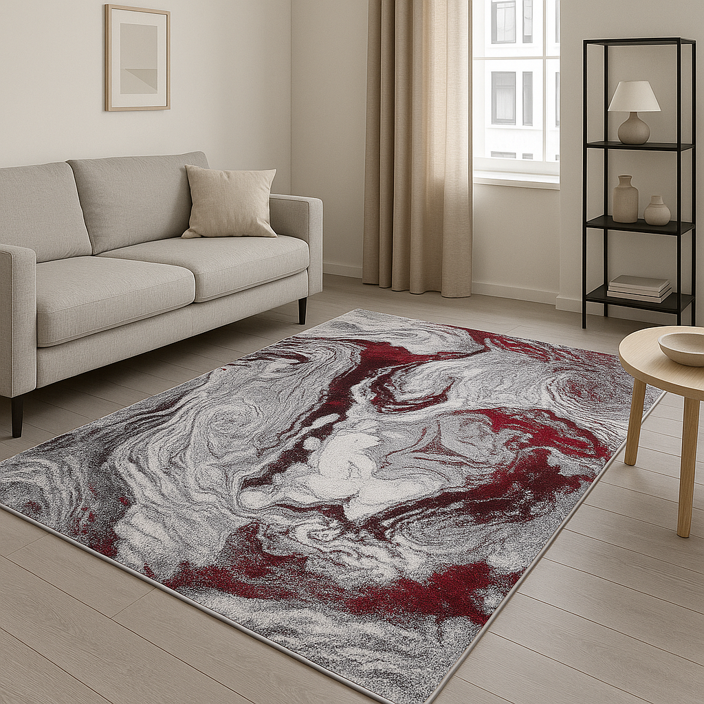 Red & Silver Rug | Boutique Vivid Red Rug | Marble Pattern