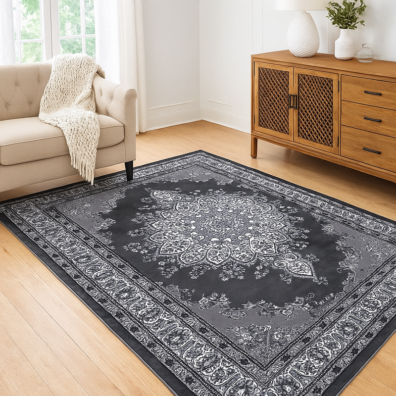 Classique Medallion Black & Grey Vintage Oriental Rug