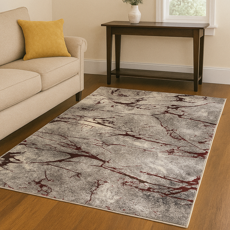 Glitz Marble Silver & Red Modern Contemporary Rug