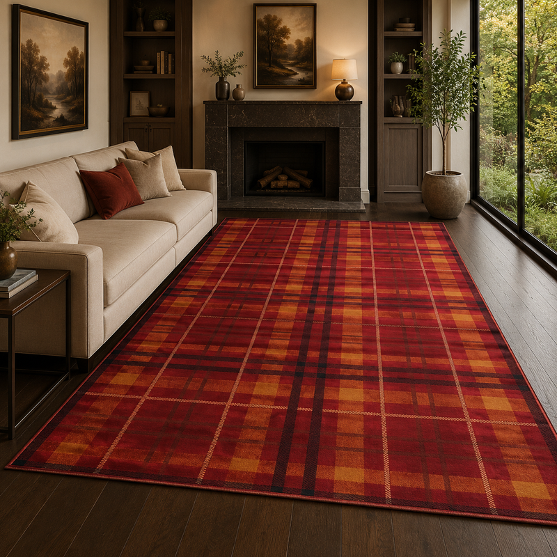 Urco Tartan Checks Red & Yellow Abstract Contemporary Rug