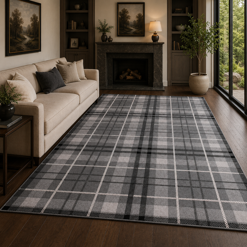 Urco Tartan Checks Charcoal & Grey Abstract Contemporary Rug