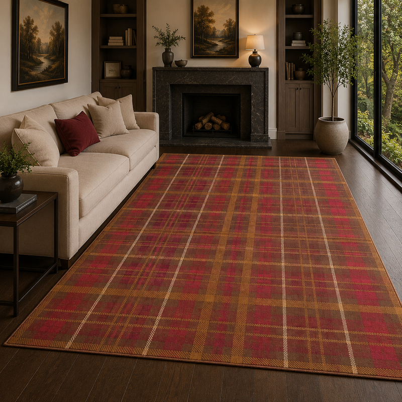 Urco Tartan Checks Red & Gold Abstract Contemporary Rug