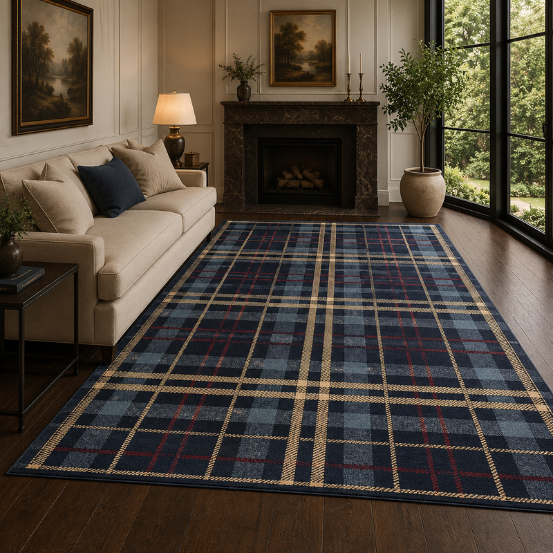 Urco Tartan Checks Navy & Beige Abstract Contemporary Rug
