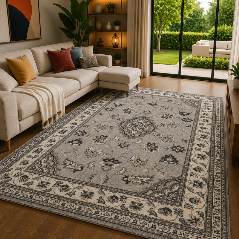 Hand Made Sherbourne Grey & Cream Vintage Traditional Rug