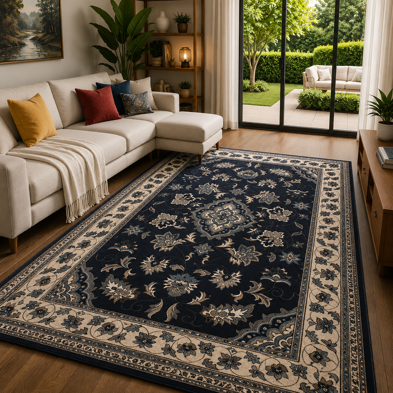 Hand Made Sherbourne Navy Blue & Cream Classic Vintage Rug