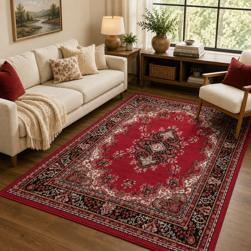 Traditional Poly Lancashire Red & White Classic Vintage Rug