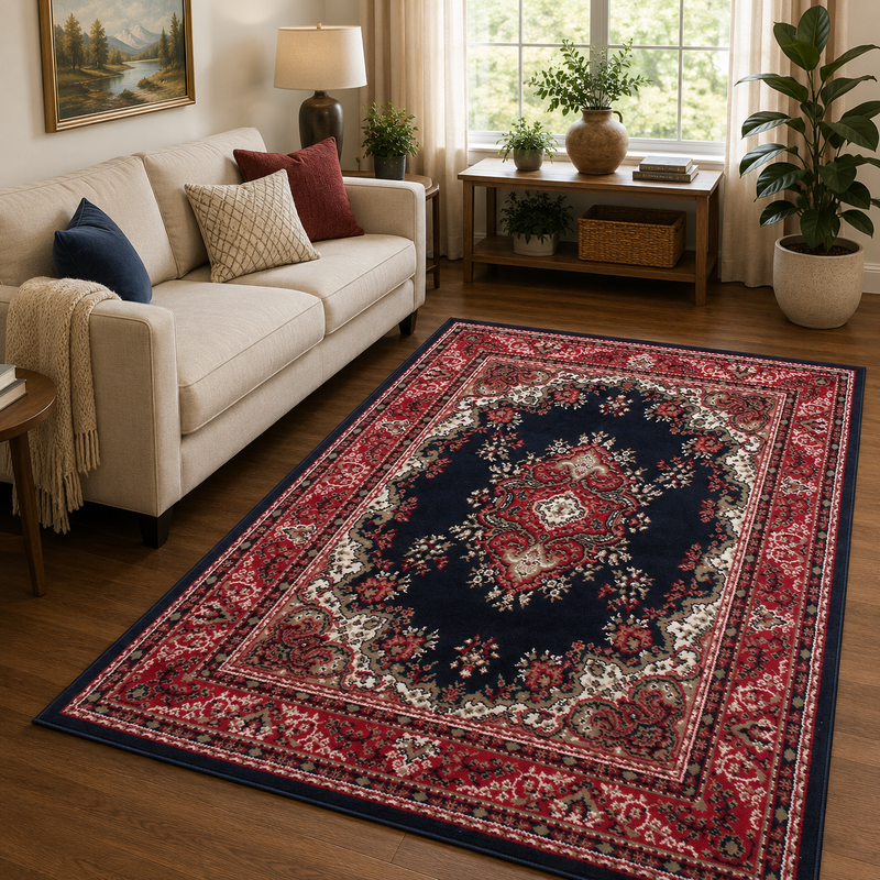 Traditional Poly Lancashire Red & Navy Classic Vintage Rug