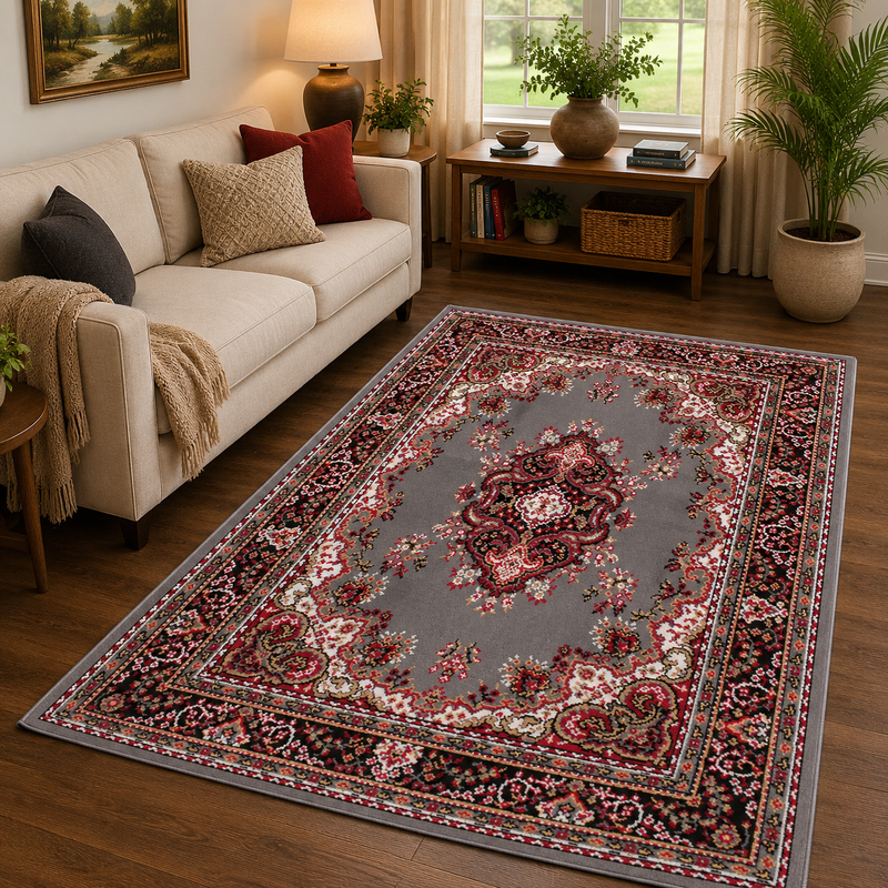 Traditional Poly Lancashire Red & Grey Classic Vintage Rug