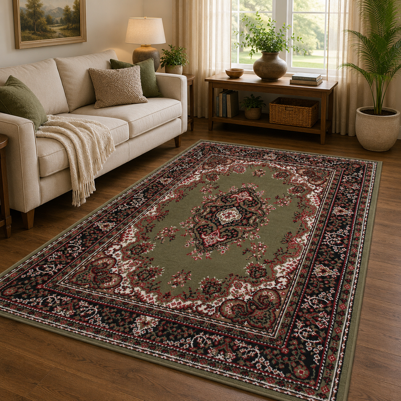 Traditional Poly Lancashire Green & Red Classic Vintage Rug