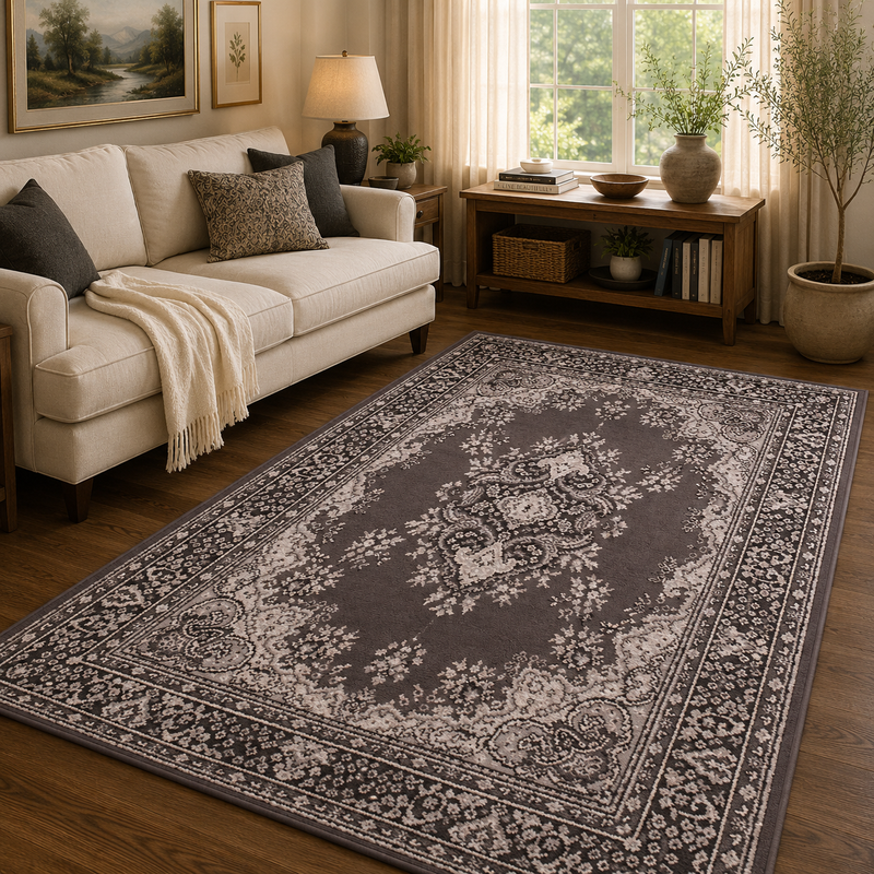 Traditional Poly Lancashire Charcoal & Grey Classic Vintage Rug