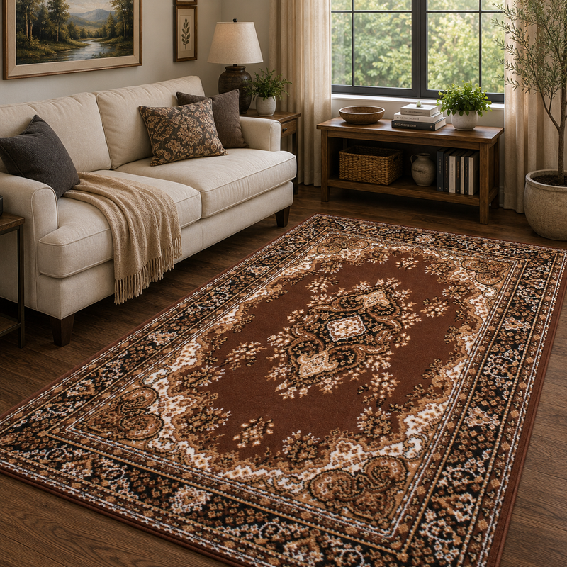 Traditional Poly Lancashire Brown & Gold Classic Vintage Rug