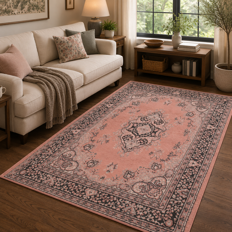 Traditional Poly Lancashire Blush & Grey Classic Vintage Rug