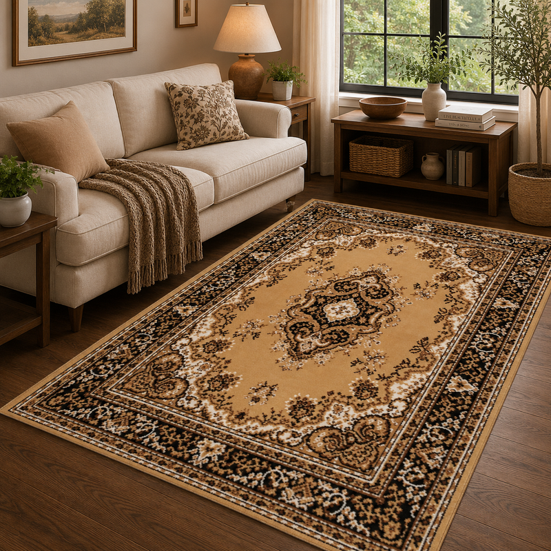 Traditional Poly Lancashire Gold & Black Classic Vintage Rug