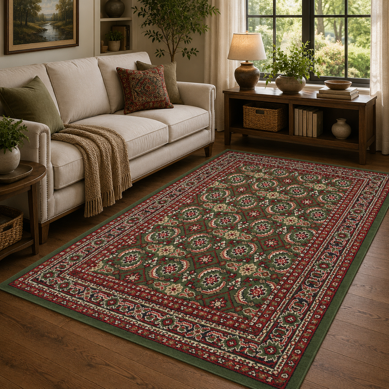 Traditional Poly Esta Dark Green & Red Bohemian Vintage Rug