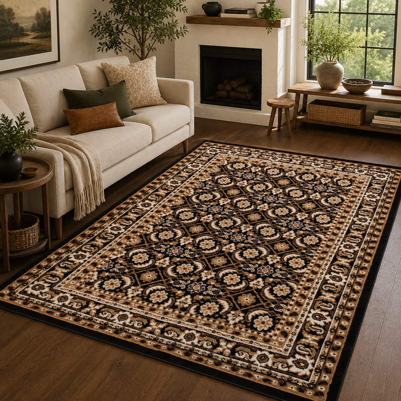 Traditional Poly Esta Black & Gold Bohemian Vintage Rug