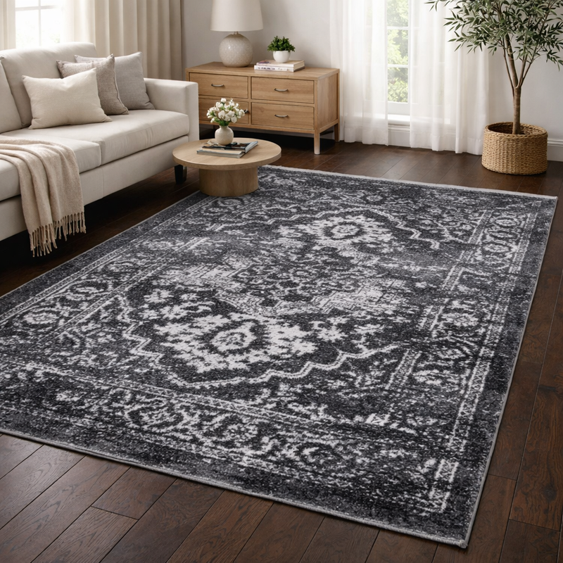 Antika Medallion Black & Grey Oriental Bohemian Rug