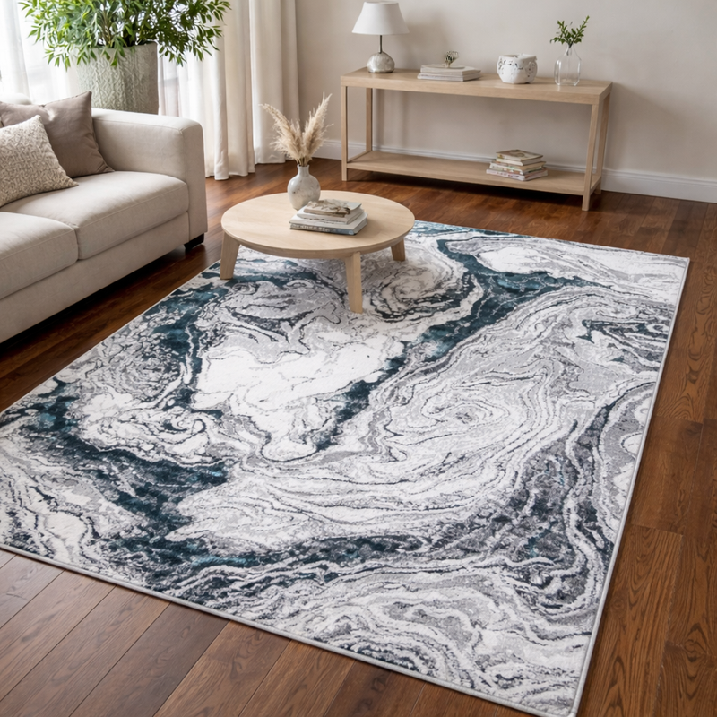 Boutique Vivid Dark Green & Grey Marble Pattern Rug