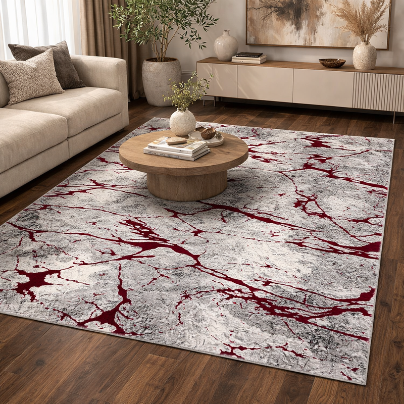 Glitz Marble Silver & Red Modern Contemporary Rug