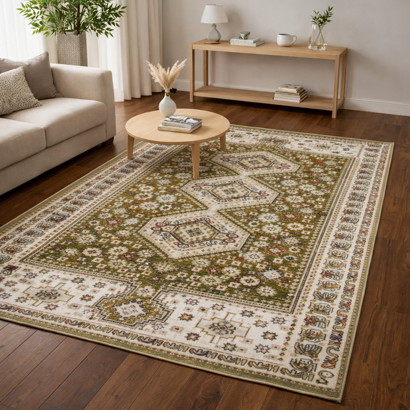 Aziza Katana Green & Beige Oriental Vintage Rug