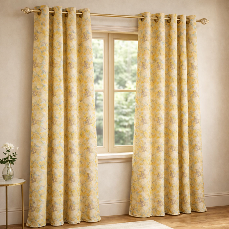 Festival Yellow/Gold Interlined Ready Made Curtains | Abstract Pattern