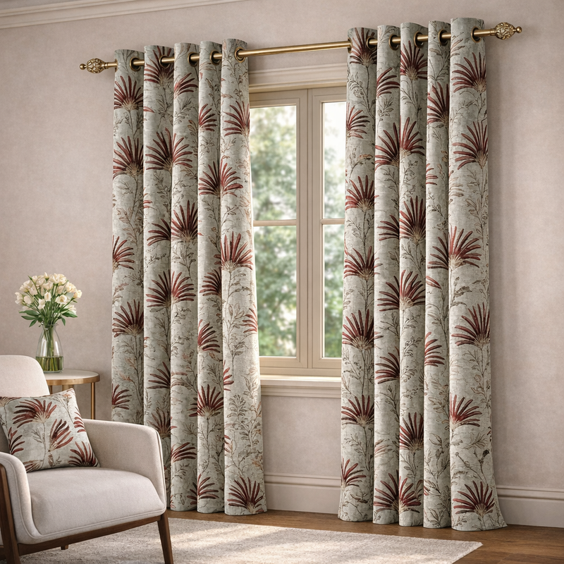 Daisy Polar Red/Light Green Fleece Interlined Ready Made Curtain | Floral Pattern