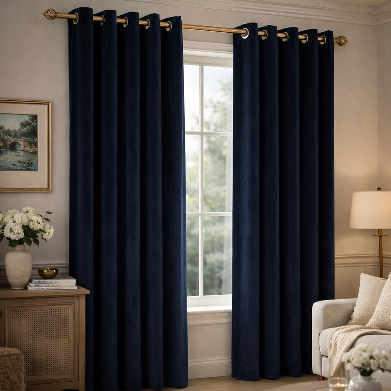 Elegance Midnight Blue Velvet Interlined Curtains | Minimal Pattern