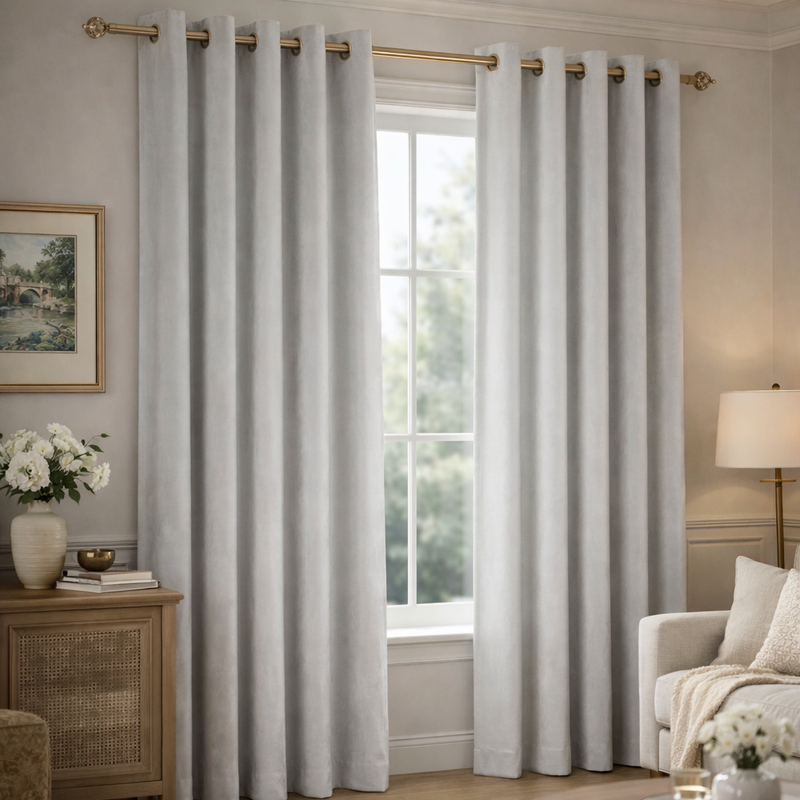 Elegance Silver Velvet Interlined Curtains | Minimal Pattern
