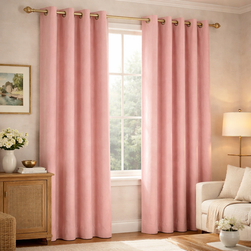 Elegance Pink Velvet Interlined Curtains | Minimal Pattern