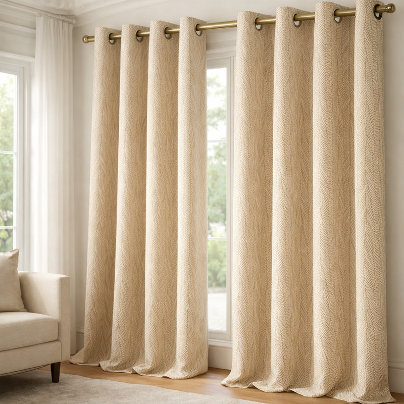 Marseilles Beige Interlined Ready Made Curtains | Floral Pattern
