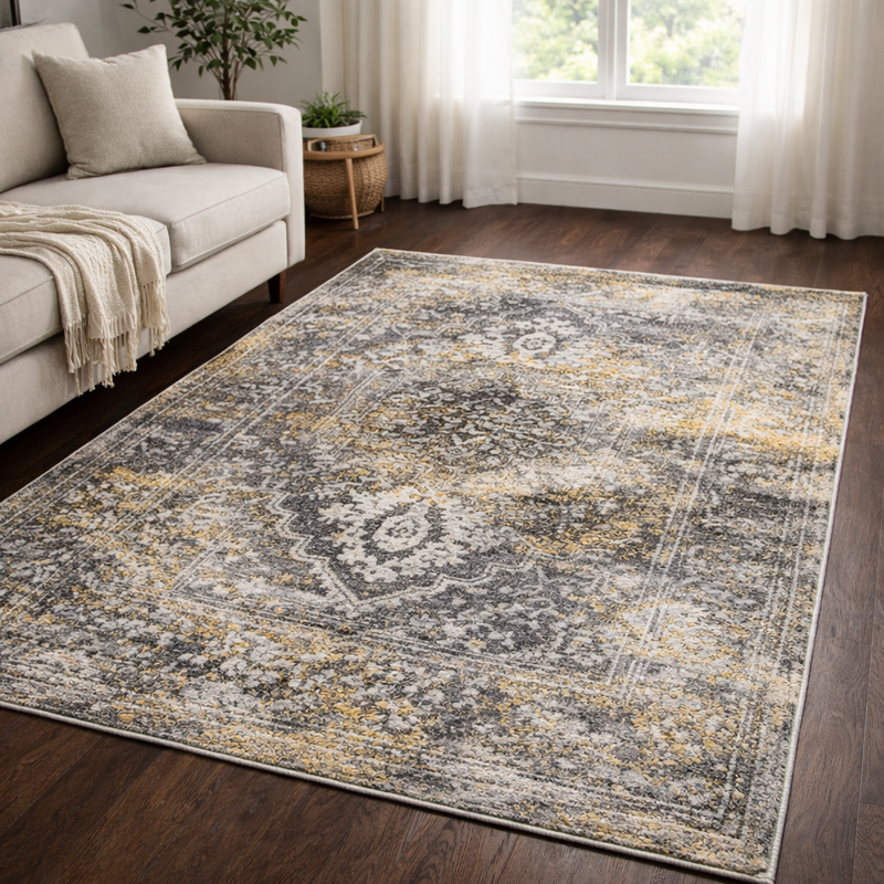 Antika Medallion Yellow & Grey Oriental Bohemian Rug