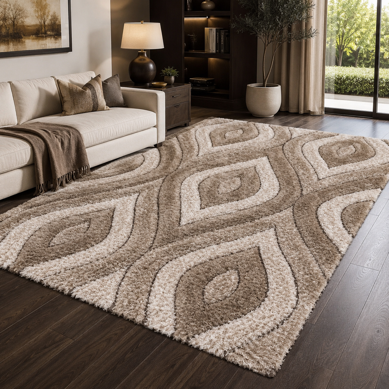 Luxus Teardrop Beige & Brown Contemporary Plush Shaggy Rug