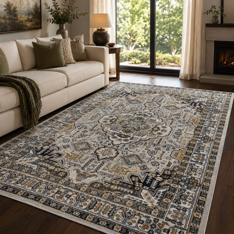 Aziza Medallion Beige & Brown Vintage Oriental Rug