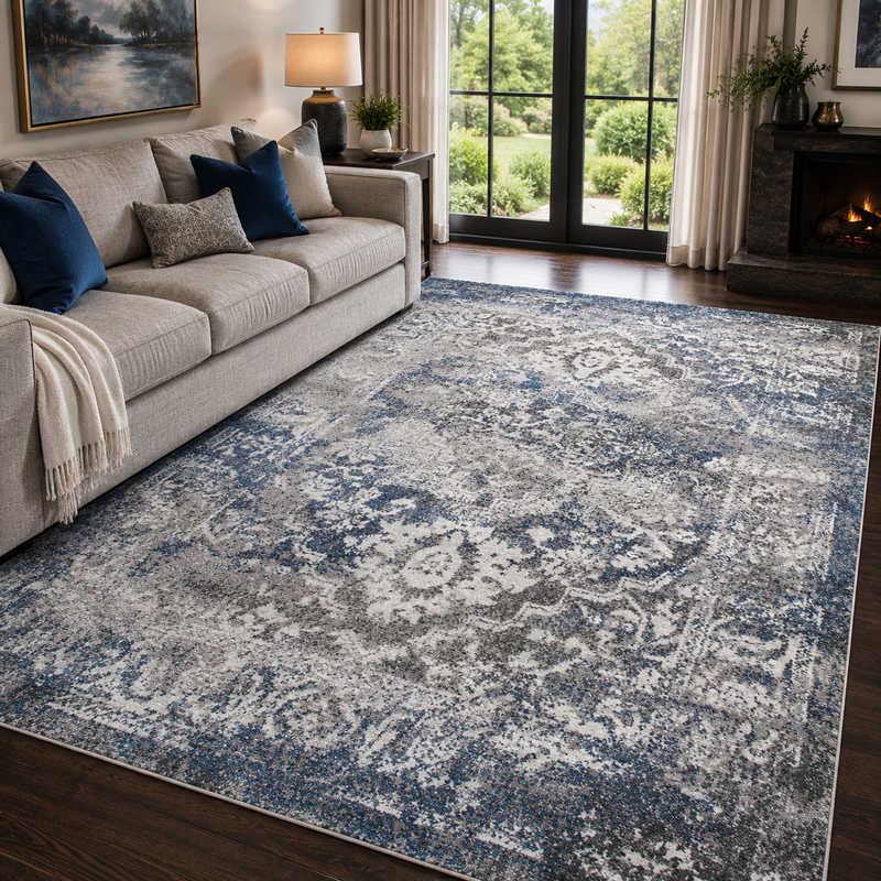 Antika Medallion Navy & Grey Oriental Bohemian Rug
