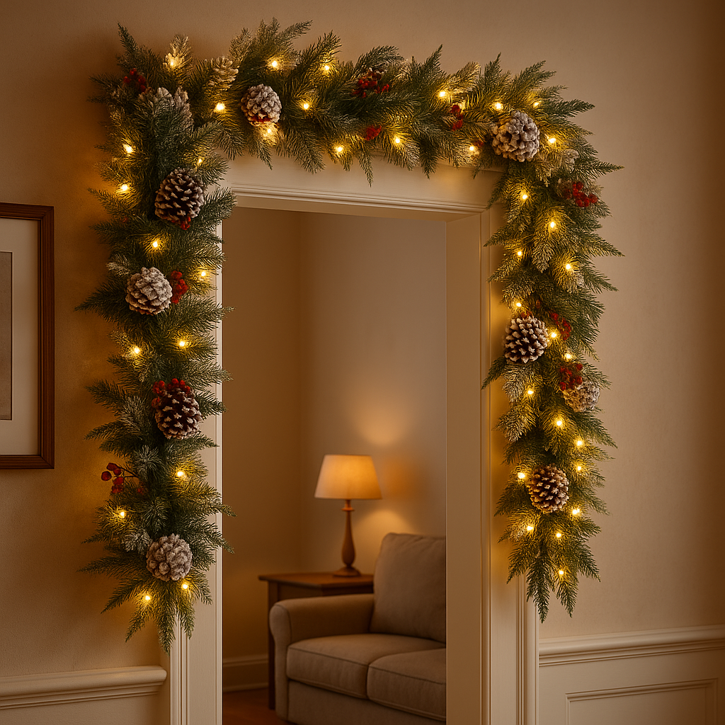 LED Flocked Garland with Cones & Red Berries | 9ft