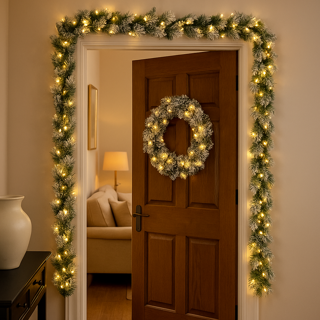 LED Flocked Garland & Wreath Set | 9ft