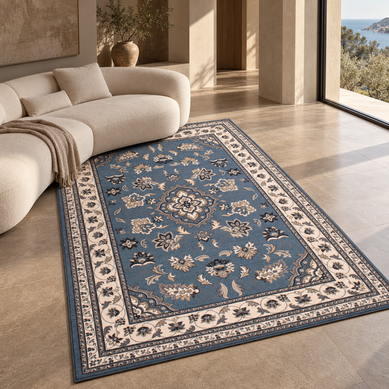 Hand Made Sherbourne Deep Steel Blue & Ivory Cream Classic Vintage Rug