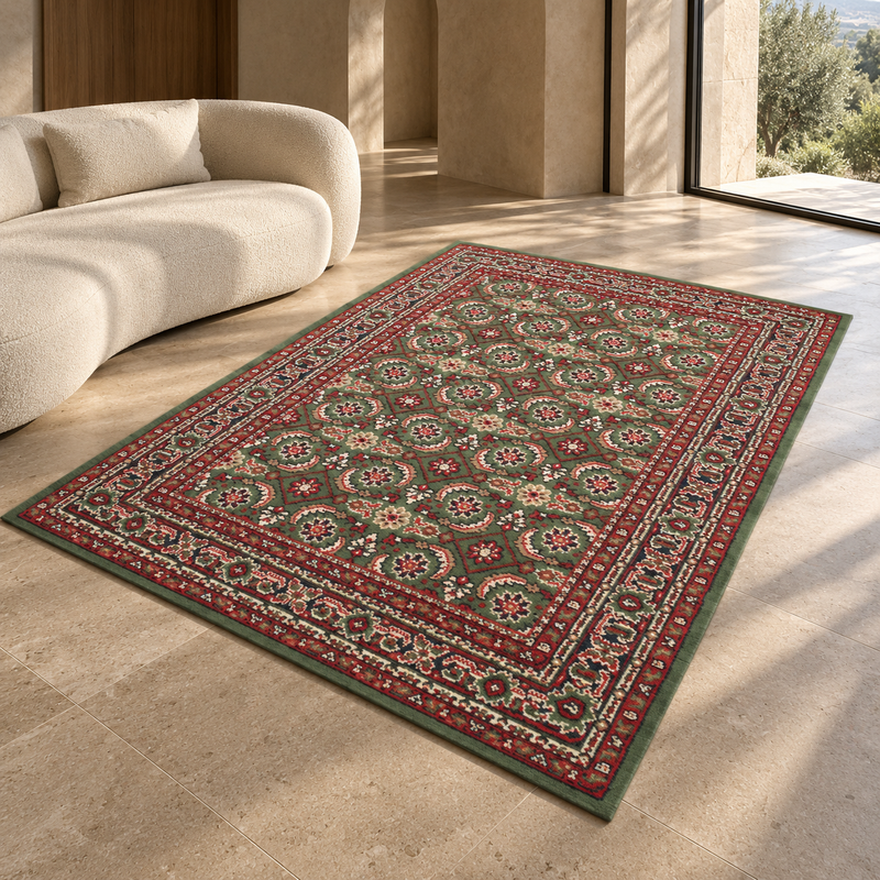 Traditional Poly Esta Forest Green & Burgundy Red Oriental Vintage Rug