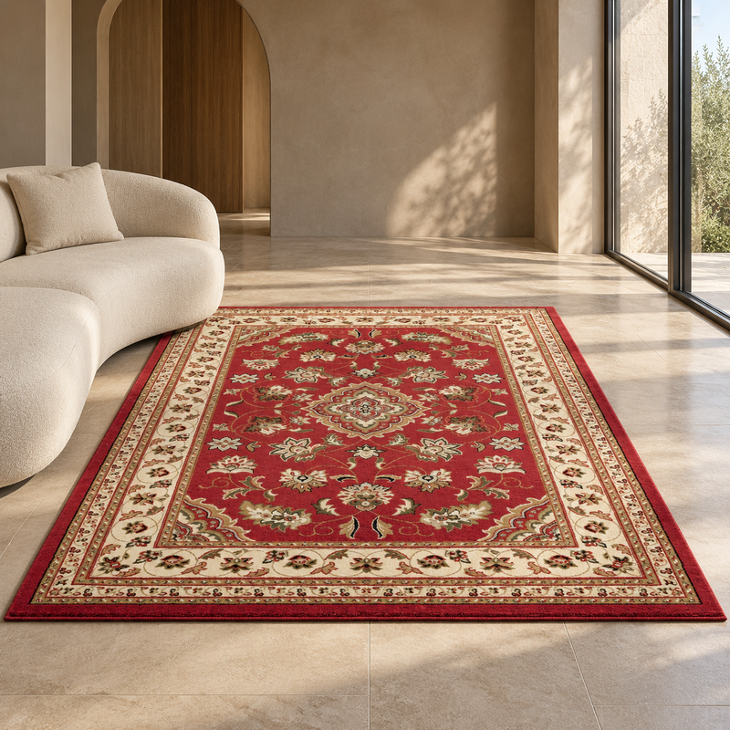 Hand Made Sherbourne Crimson Red & Ivory Cream Classic Vintage Rug