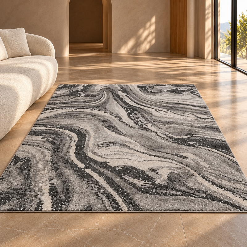 Balletto Charcoal Grey & Ivory White Marble Modern Contemporary Rug