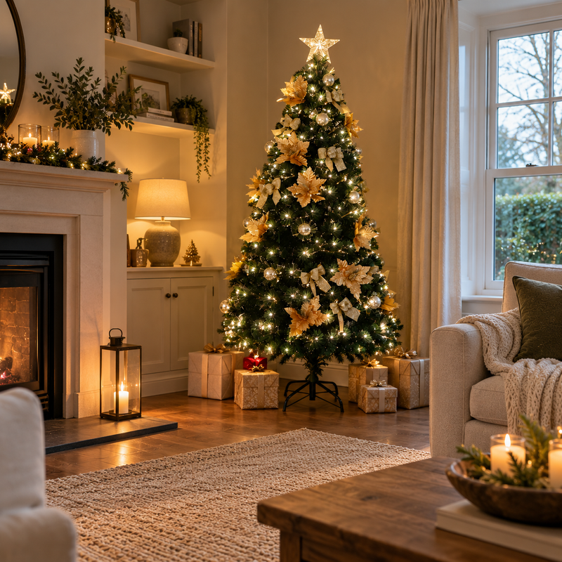 6 feet Fiber Optic Green Christmas Tree With Gold Ornaments
