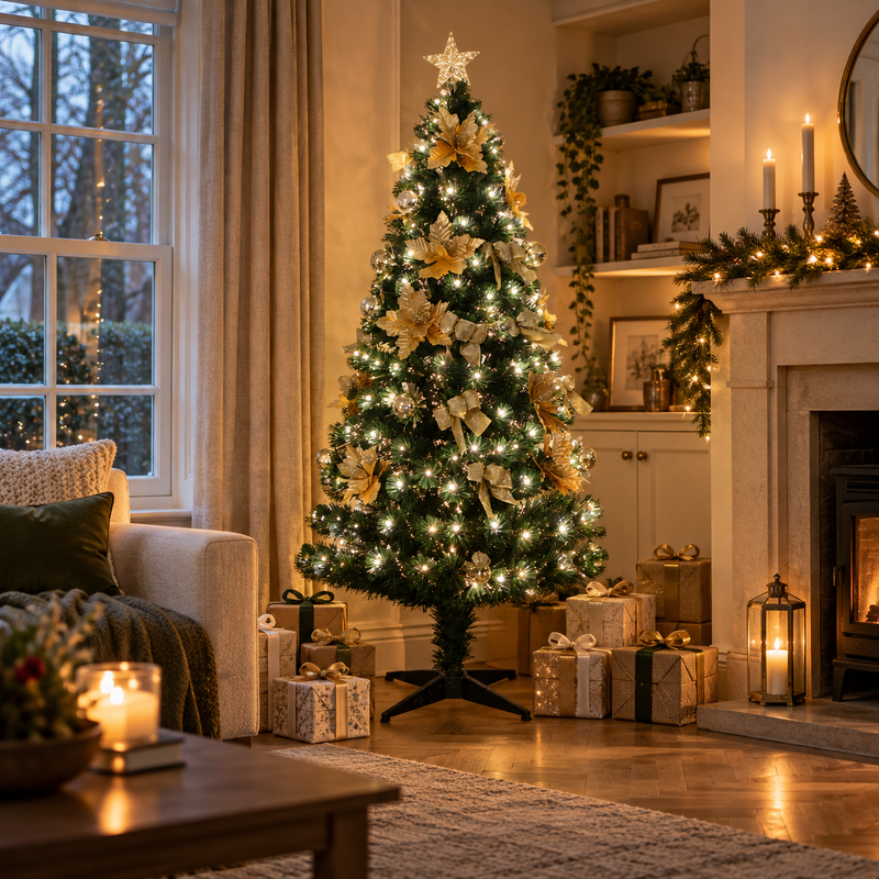 5 Feet Luxury Christmas Tree With Gold Ornaments & Fibre Optic Lights